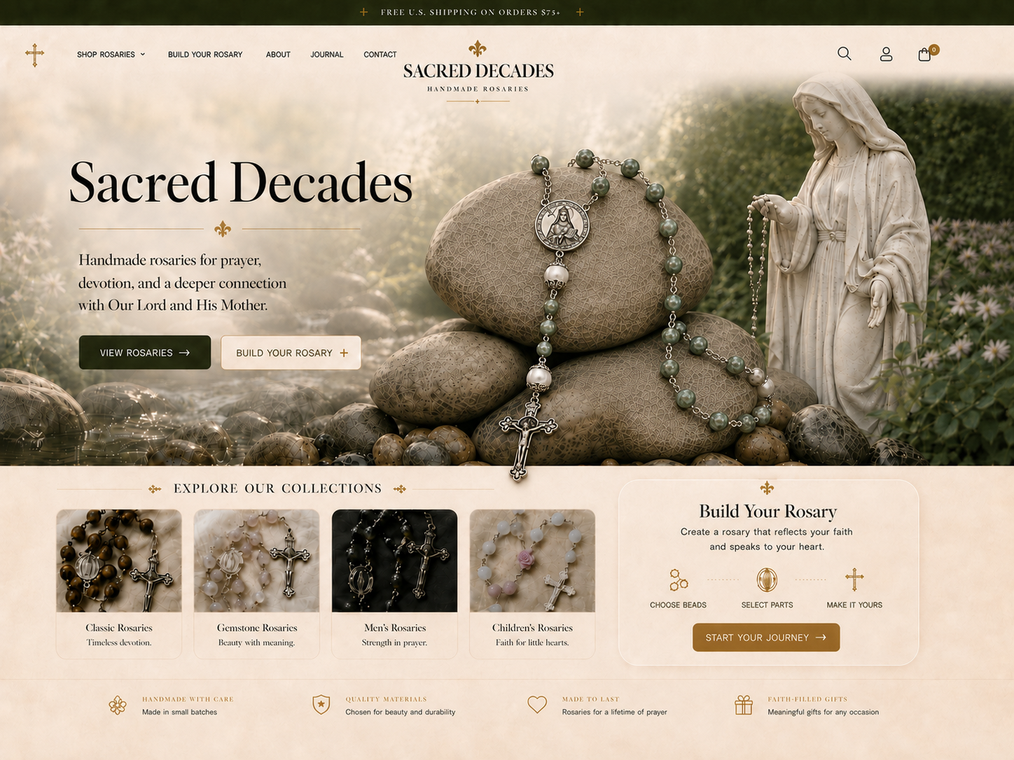 Sacred Decades handmade rosary homepage with Saint Teresa rosary featured on parchment-style design.